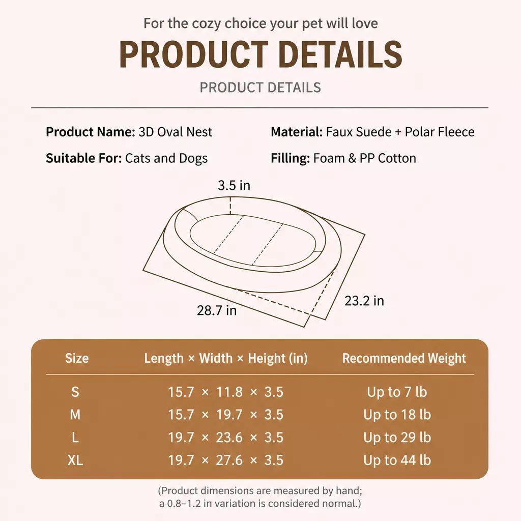 Oval fleece pet bed size and material panel