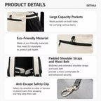 Pet carrier storage pocket, straps and internal safety clip