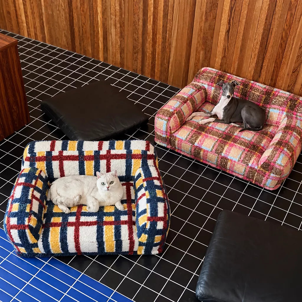 Overhead view of patterned pet sofas