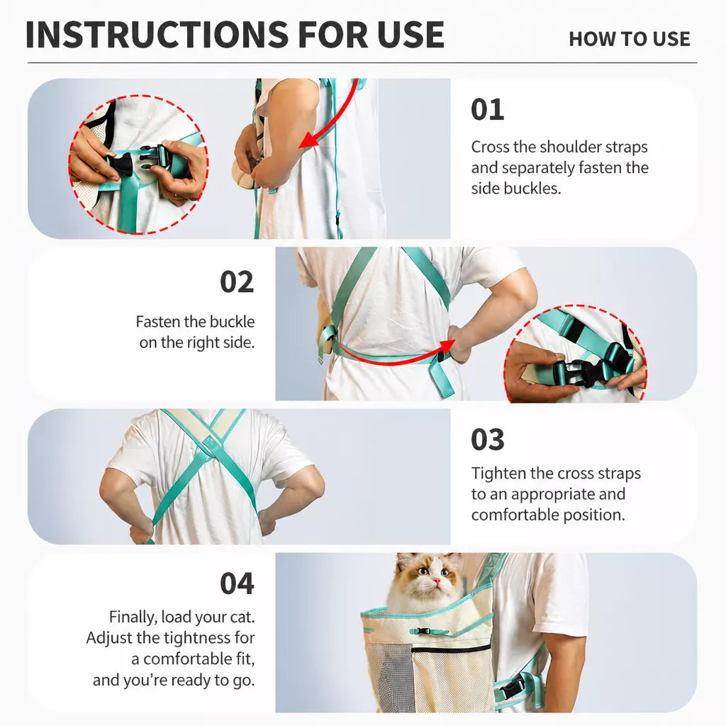 Illustrated strap adjustment and wearing guide for the pet carrier