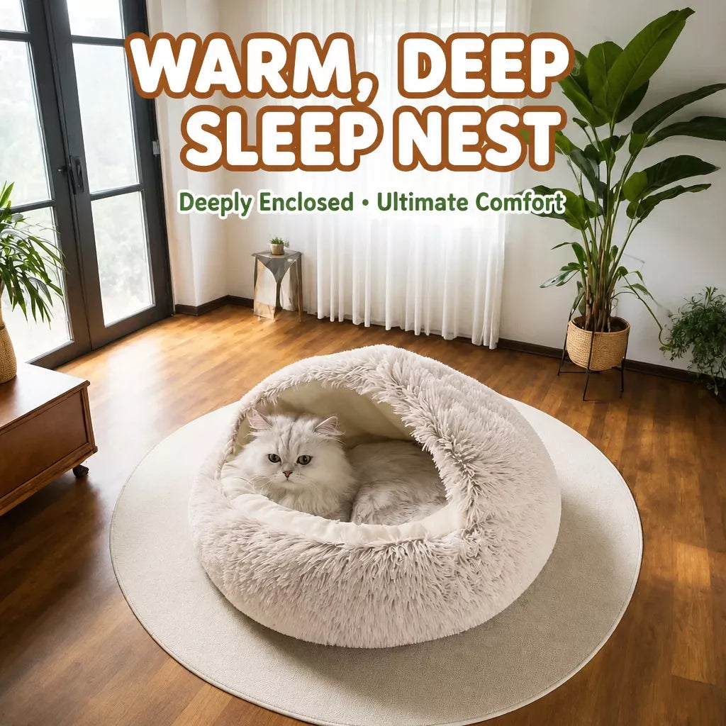 Hooded Round Plush Cat and Small Dog Bed — design and construction details