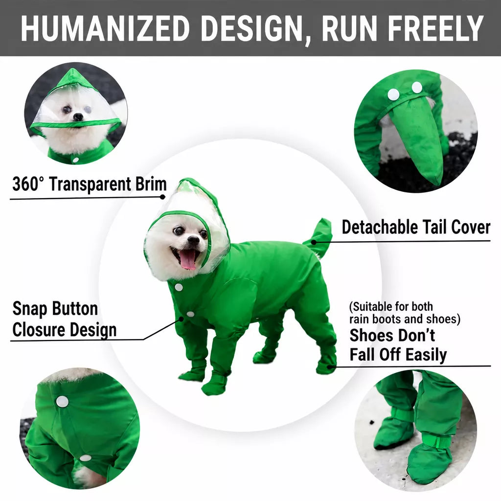 Four-Leg Dog Rain Suit with Clear Hood and Leash Access - product detail