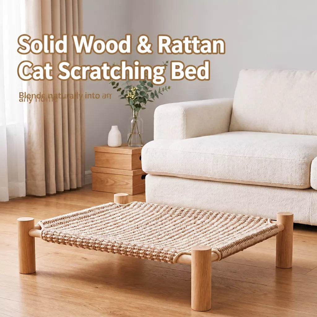 Rattan-Woven Cat Bed with Scratching Surface