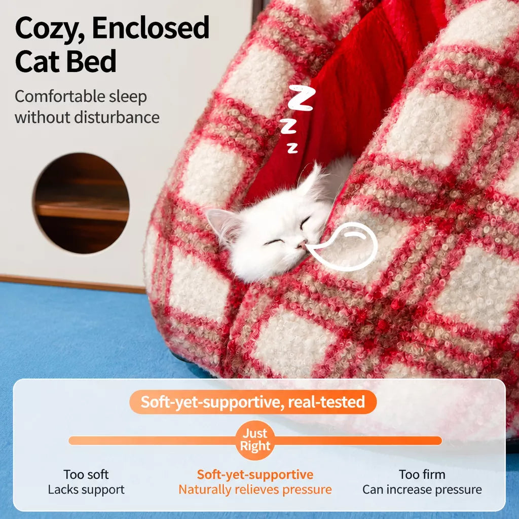 Cat inside red plaid plush bed
