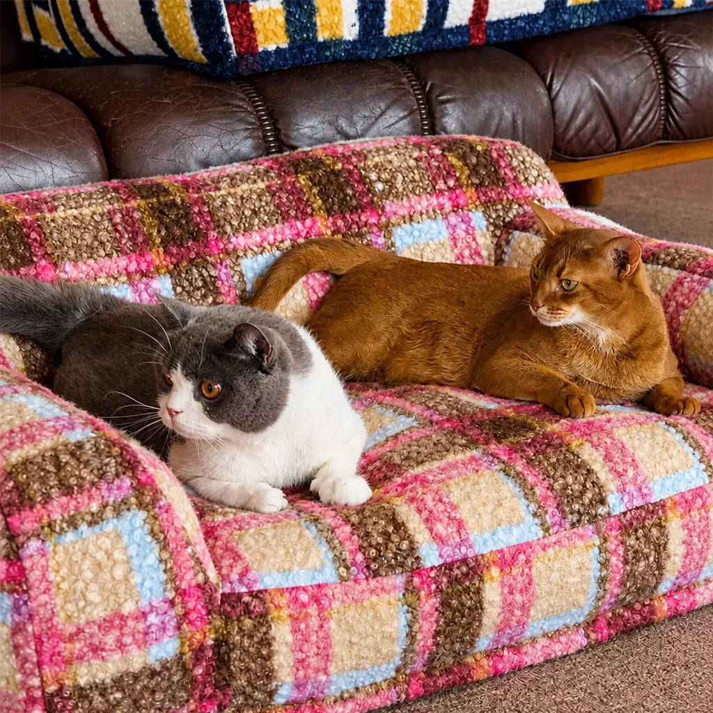 Cats resting on pink plaid pet sofa