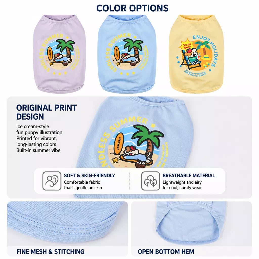 Blue, Purple and Yellow summer-print dog tank options