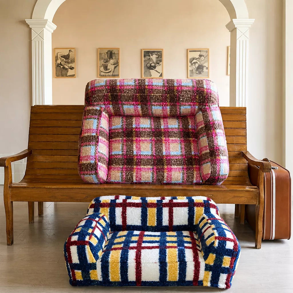 Multicolor and pink pet sofas displayed together
