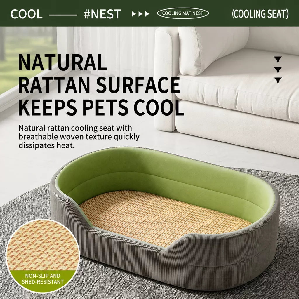 Woven summer-mat texture and raised sides of the pet bed