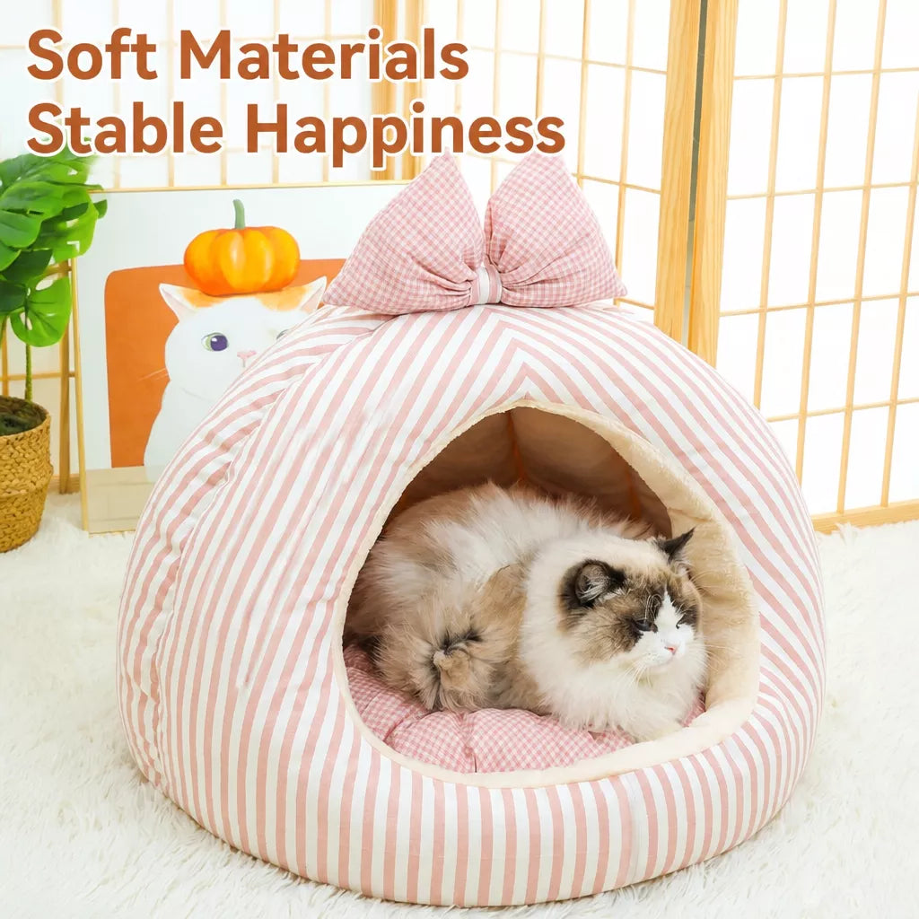 Striped Pet Cave Bed with Bow and Removable Cushion - product detail
