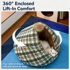 Green plaid pet cave bed with open entrance