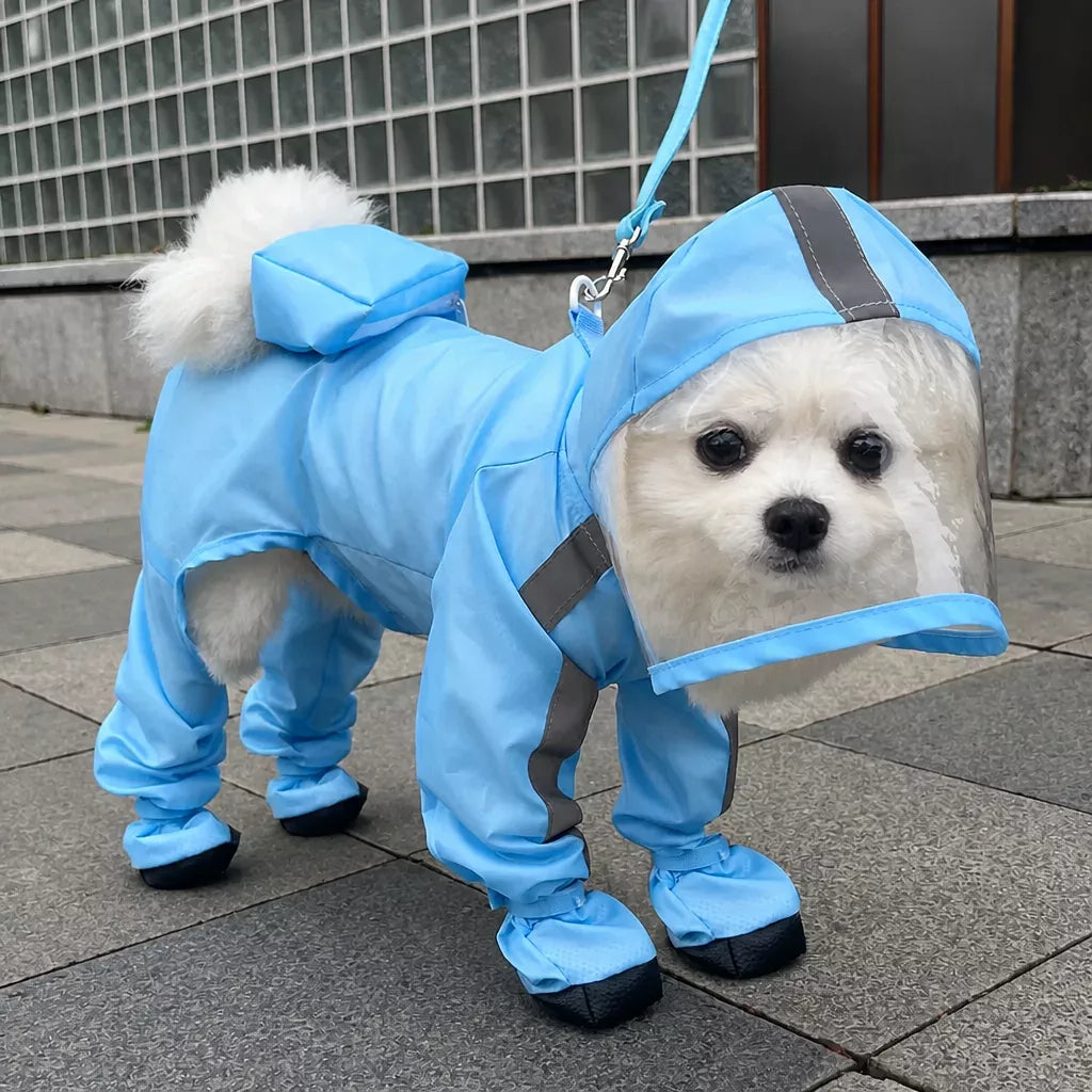 Four-Leg Dog Rain Suit with Clear Hood and Leash Access - product detail