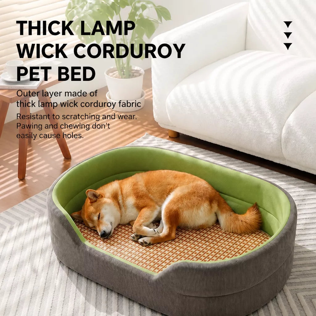 Corduroy outer fabric and grass-green padded bed interior