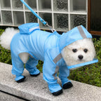Blue dog rain suit with integrated paw coverage outdoors