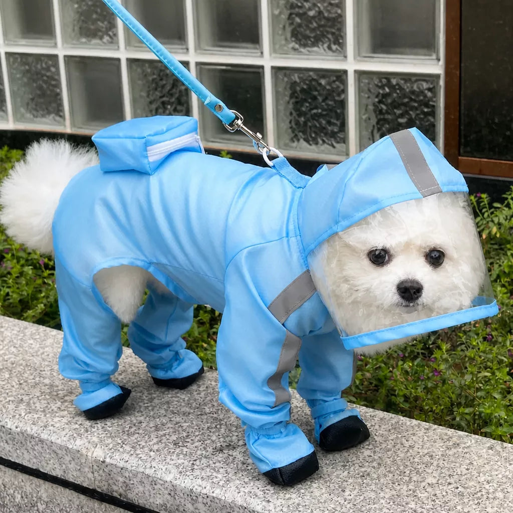 Blue dog rain suit with integrated paw coverage outdoors