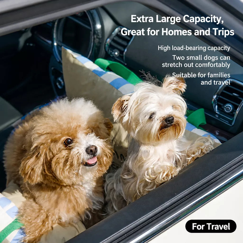 Two dogs pictured in striped car bed