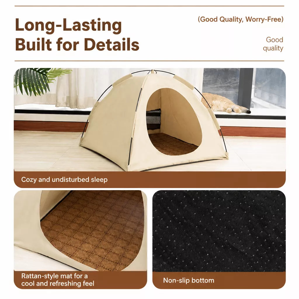 Removable mat and textured underside of the pet tent