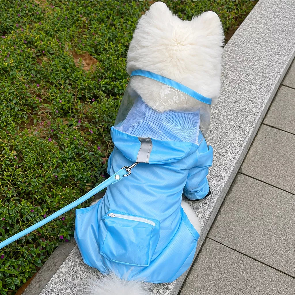 Four-Leg Dog Rain Suit with Clear Hood and Leash Access - product detail