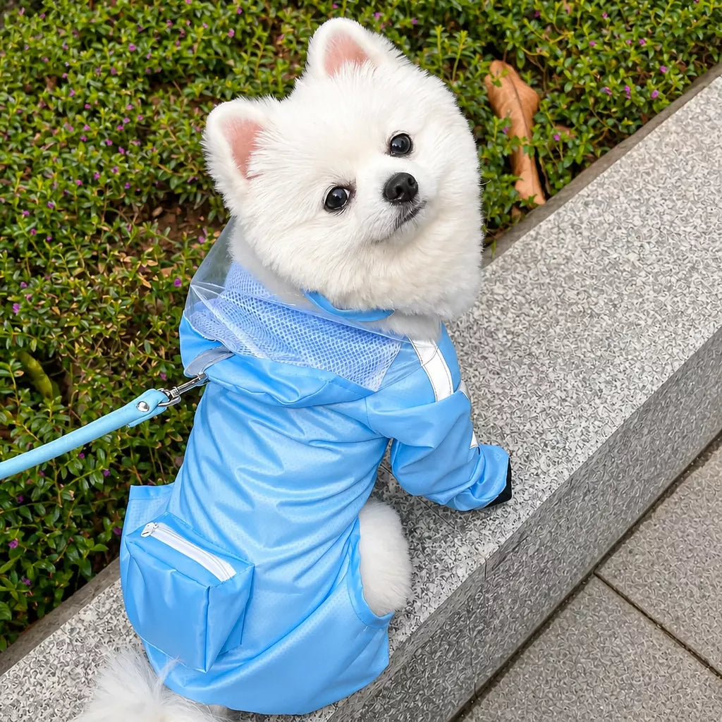 Four-Leg Dog Rain Suit with Clear Hood and Leash Access - product detail