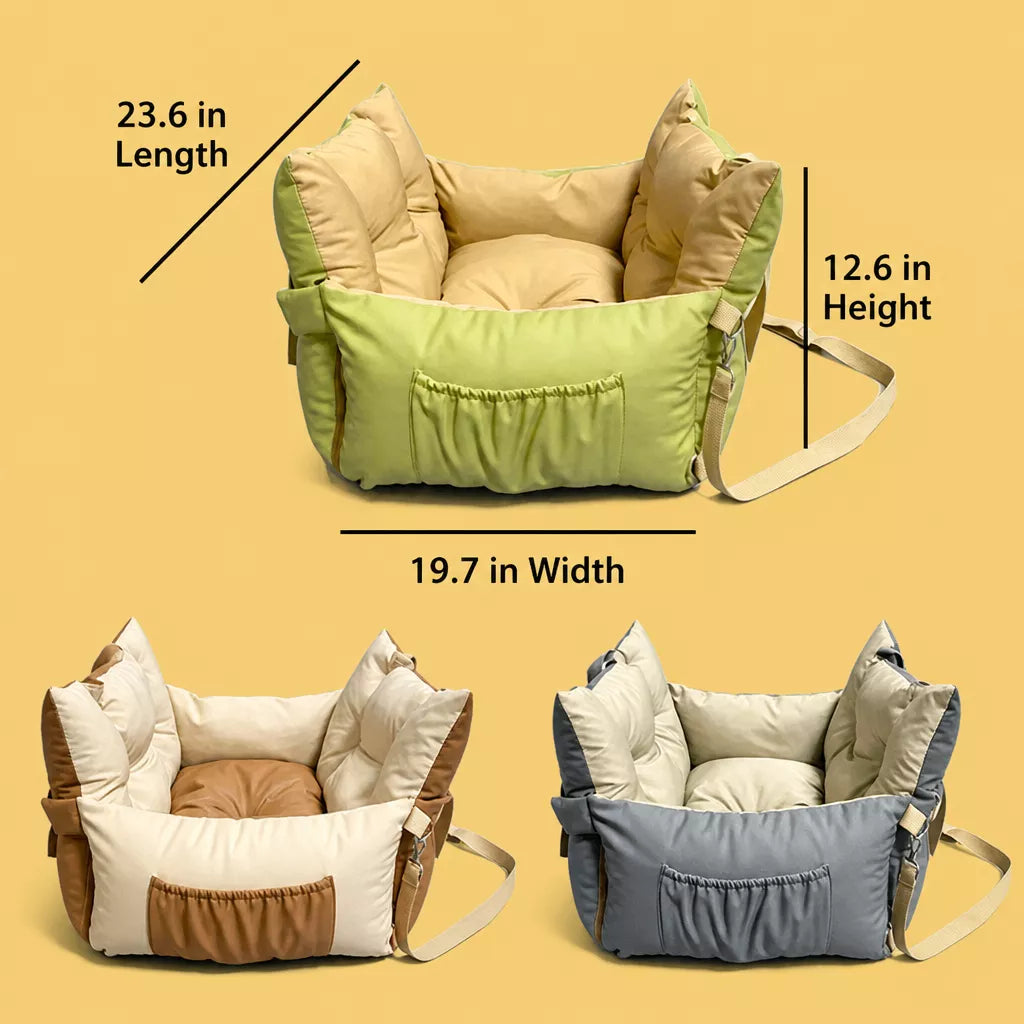 Faux Leather Pet Car Bed with Fold-Down Front size and product information