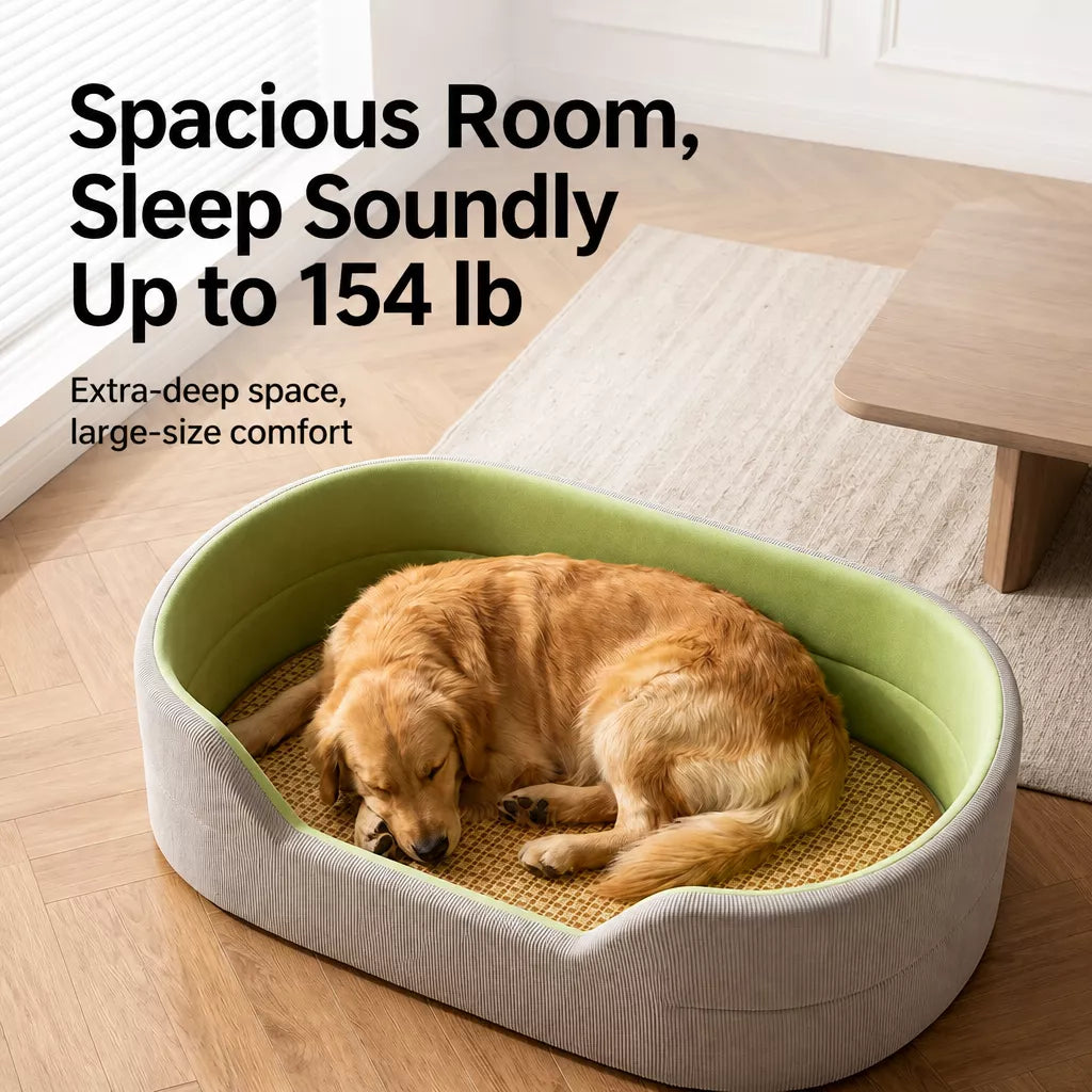 Large dog pictured in the pet bed with promotional weight text