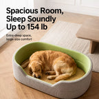 Large dog pictured in the pet bed with promotional weight text