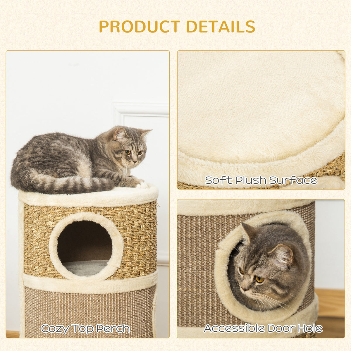28-Inch Cat Condo with Sisal Scratcher, Khaki & Brown - W2225P229193 - product view 3