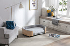 Gray velvet pet sofa in a living room