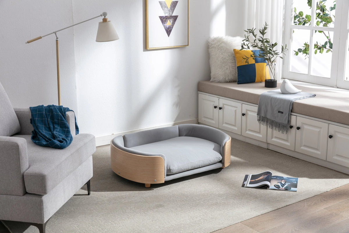 Gray velvet pet sofa in a living room Main image