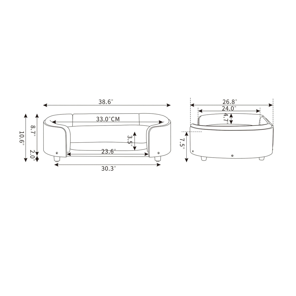 Wood pet sofa dimension diagram