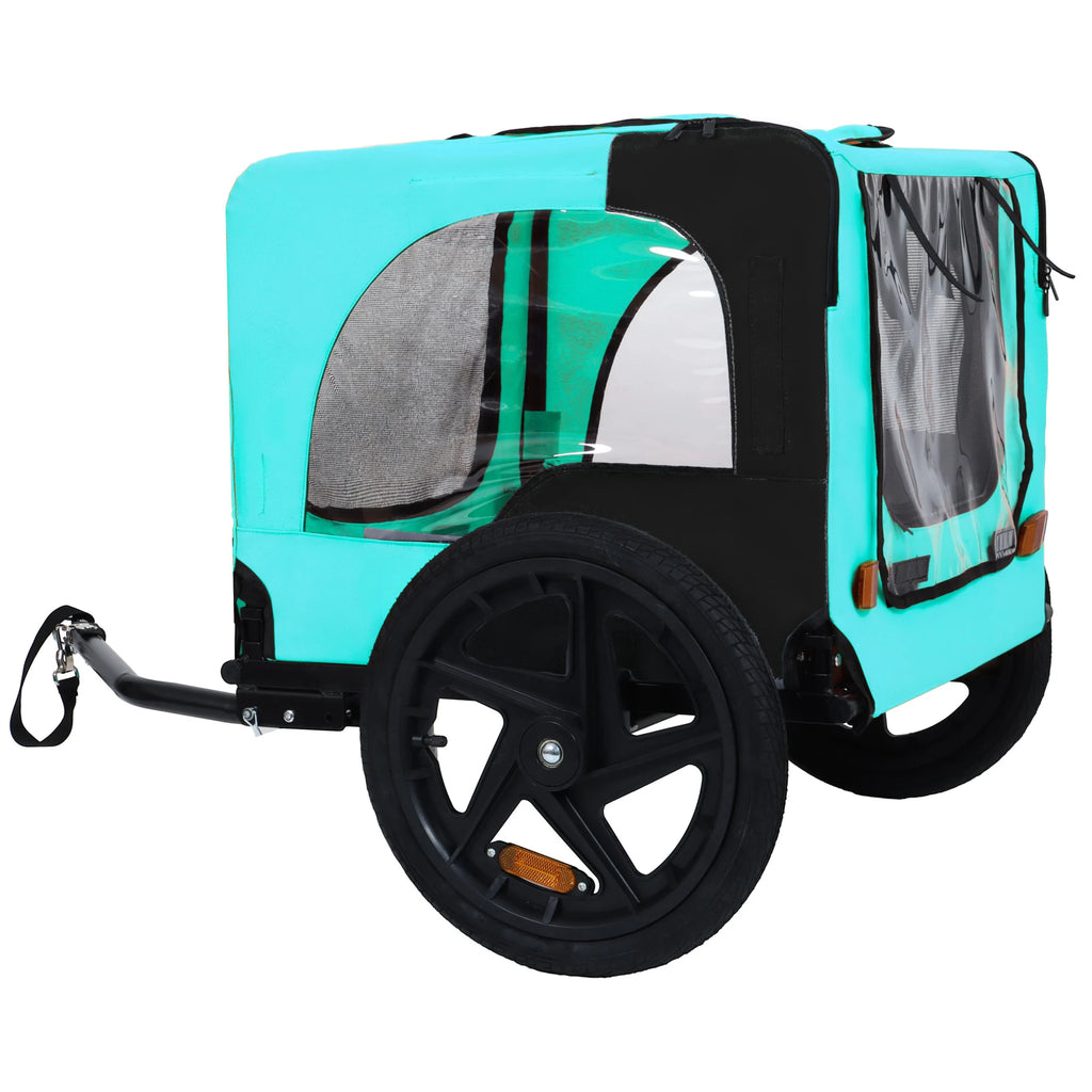 Rear entry and tow arm of light blue pet trailer