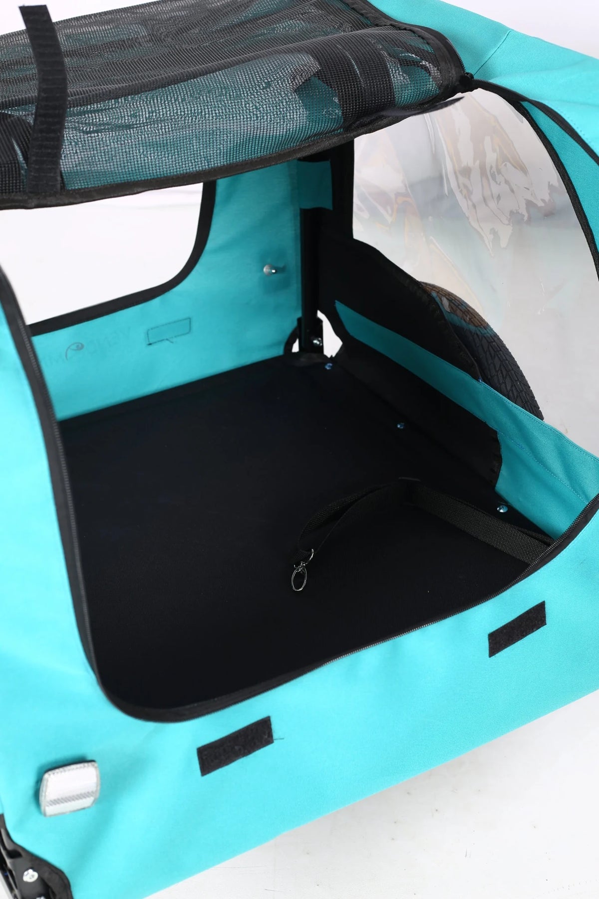 Interior floor and leash of pet bike trailer