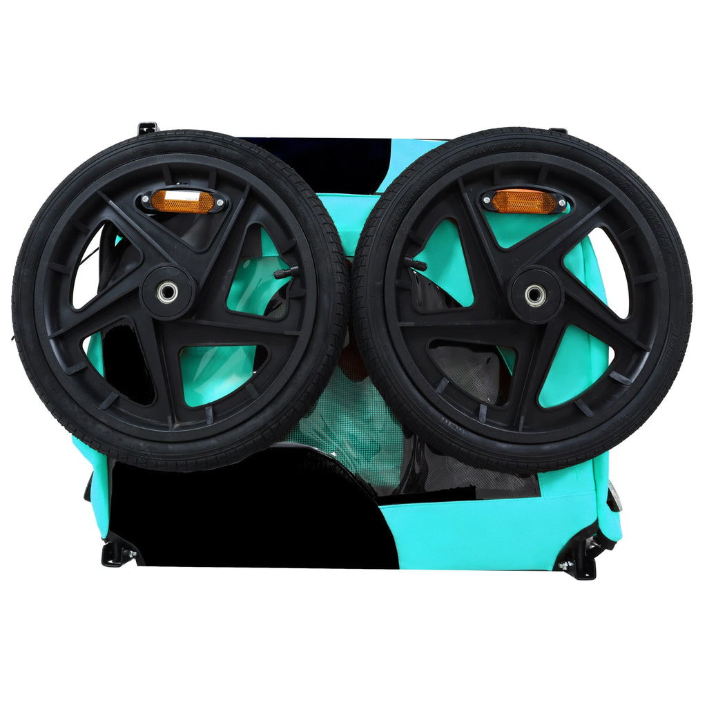 Folded dog bike trailer with wheels stored