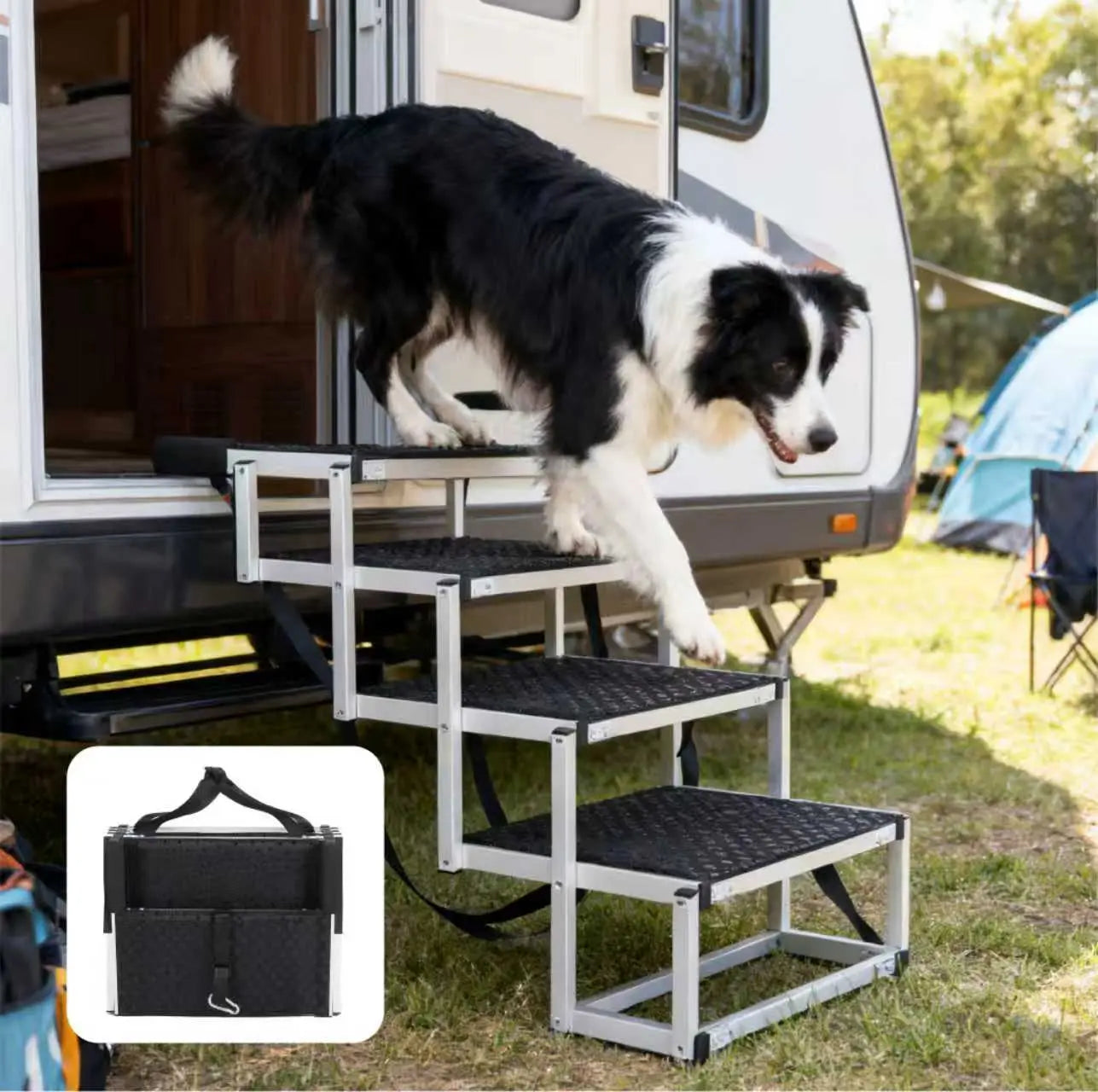 Black foldable four-step dog stairs beside an RV