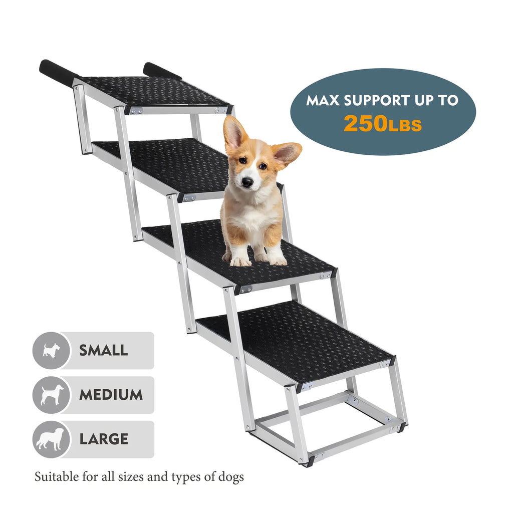 Small dog standing on black foldable dog stairs
