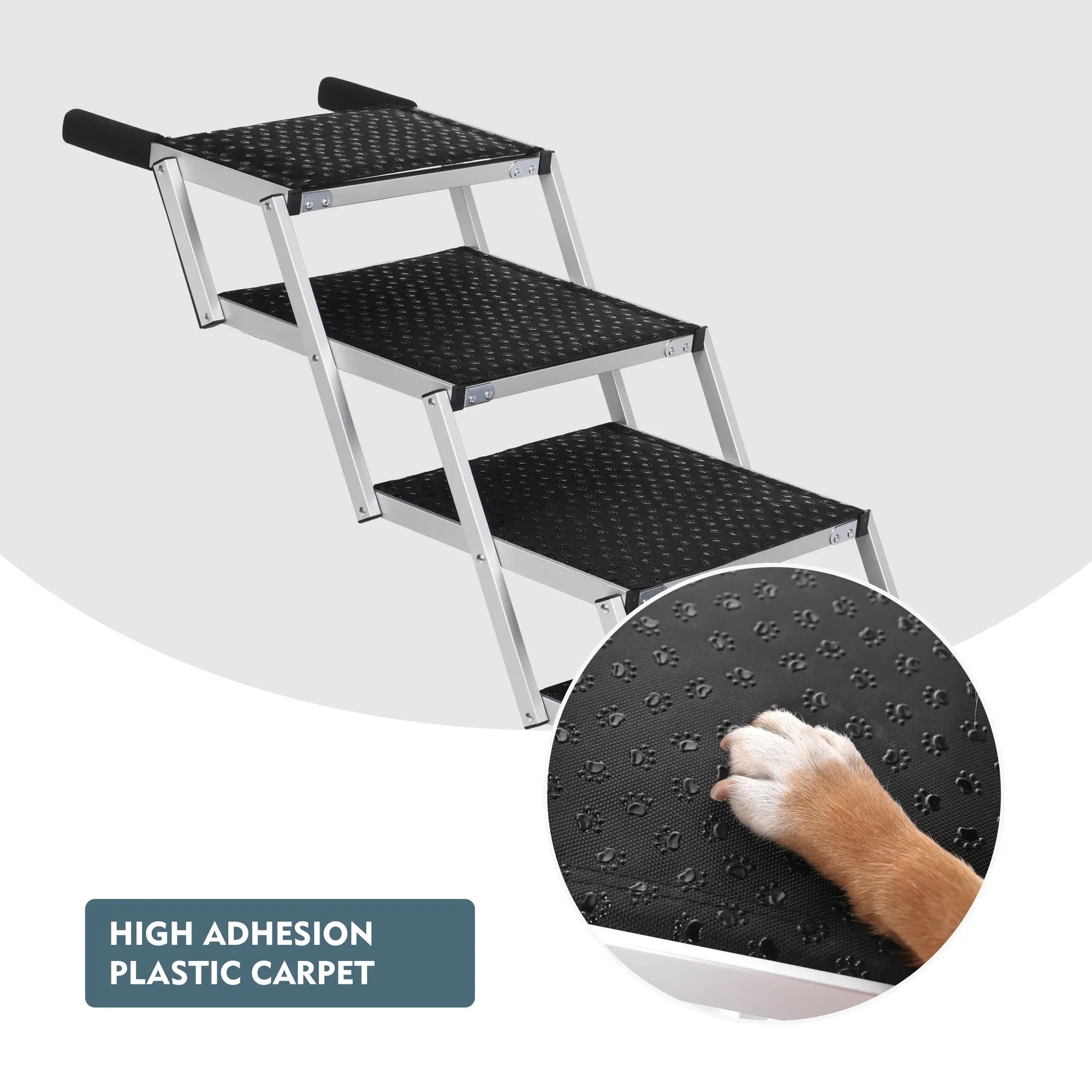 Textured non-slip step surface on foldable dog stairs