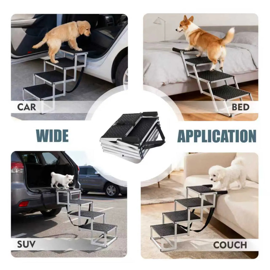 Foldable dog stairs used with a car, SUV, bed, and couch