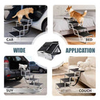 Foldable dog stairs used with a car, SUV, bed, and couch