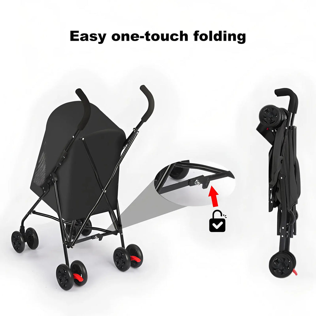 One-touch folding mechanism on a black pet stroller