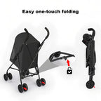 One-touch folding mechanism on a black pet stroller