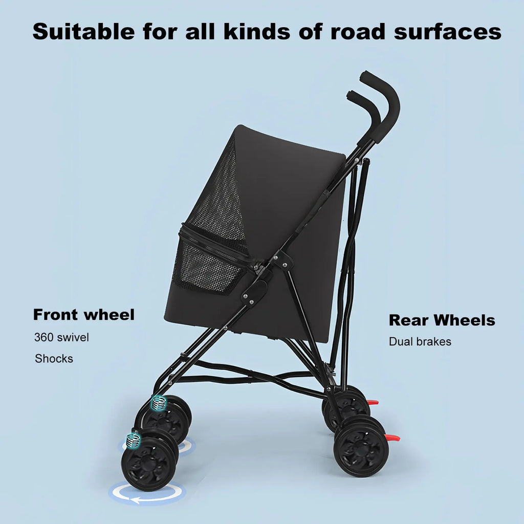 Black pet stroller front swivel wheels and rear brakes