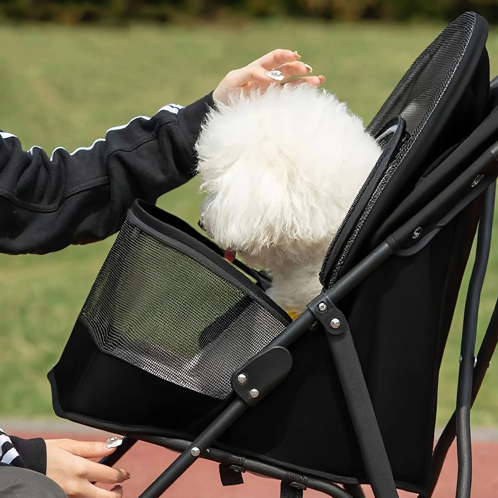 Zippered mesh opening on a black pet stroller