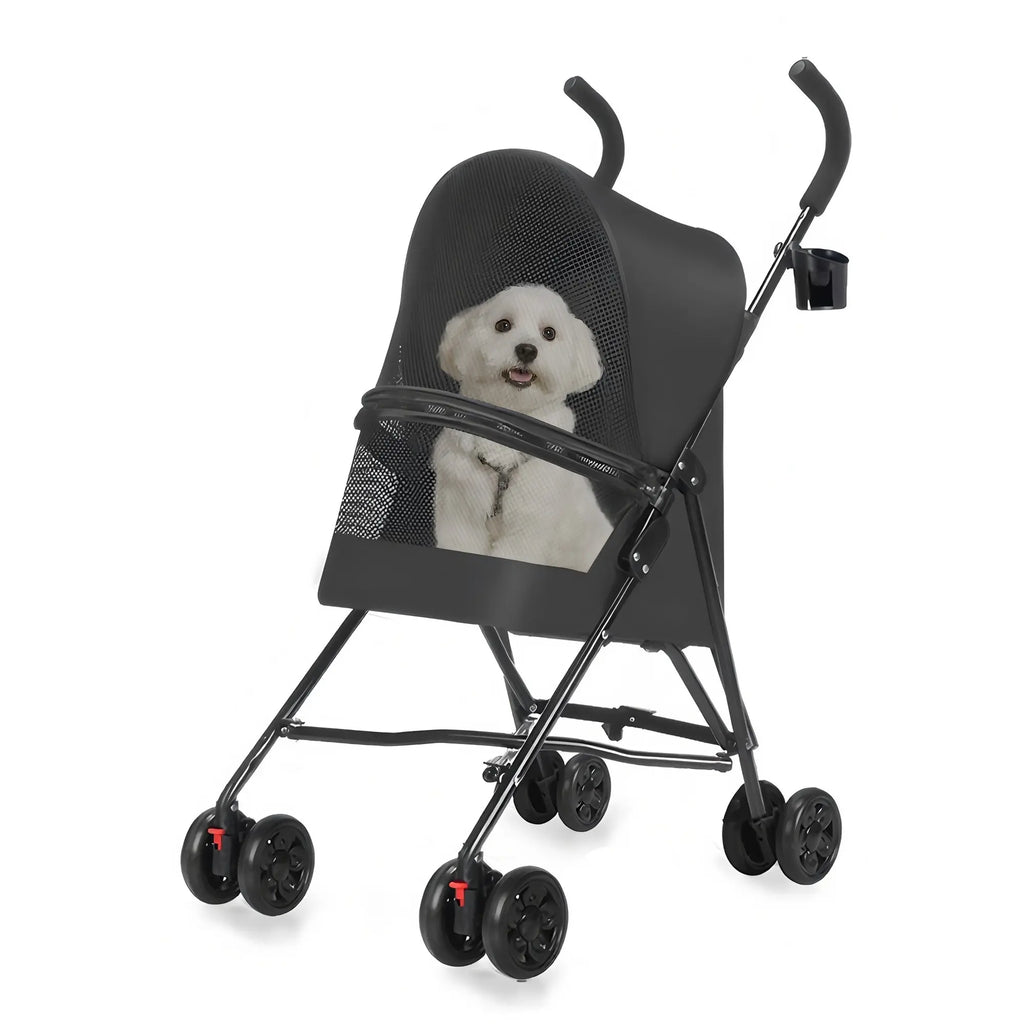 Small white dog in a black pet stroller on a white background