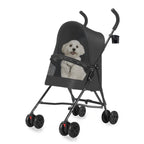 Small white dog in a black pet stroller on a white background