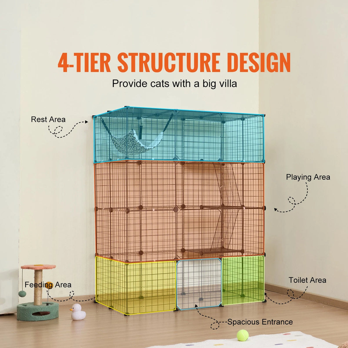 Four-level cat enclosure layout in a home setting