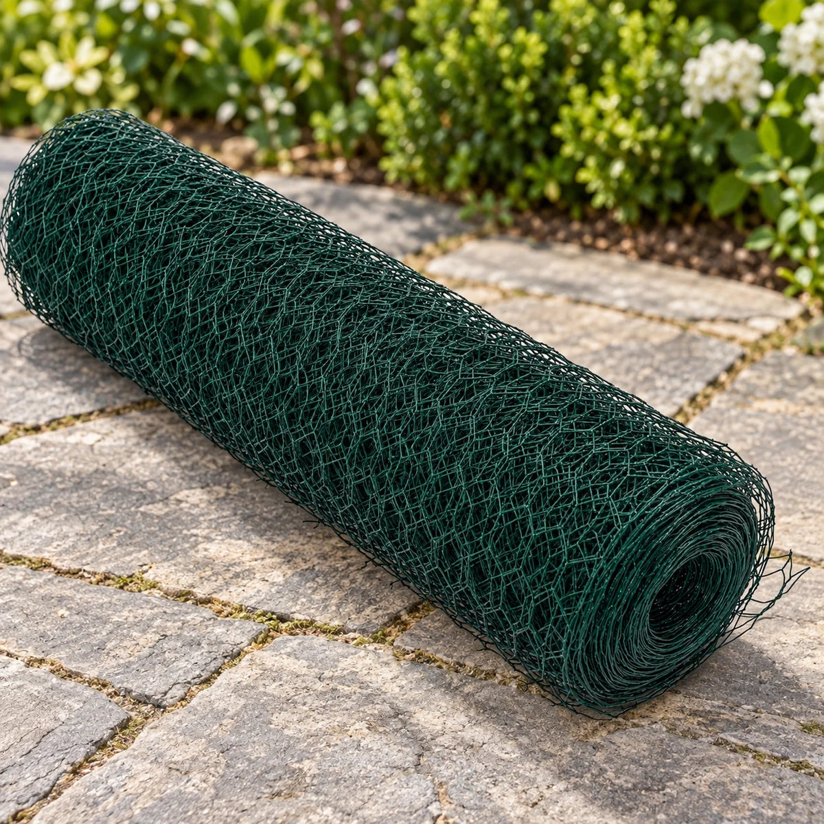 Green Coated Chicken Wire Roll 196.85 ft — wire roll on a garden patio Main image