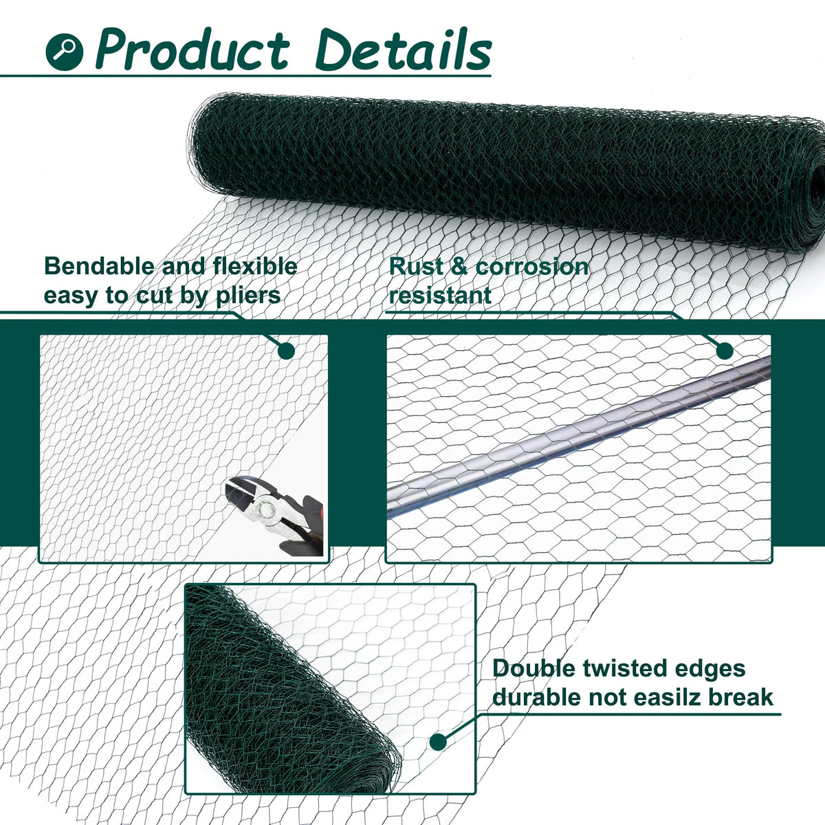 Green Coated Chicken Wire Roll 196.85 ft — wire construction details