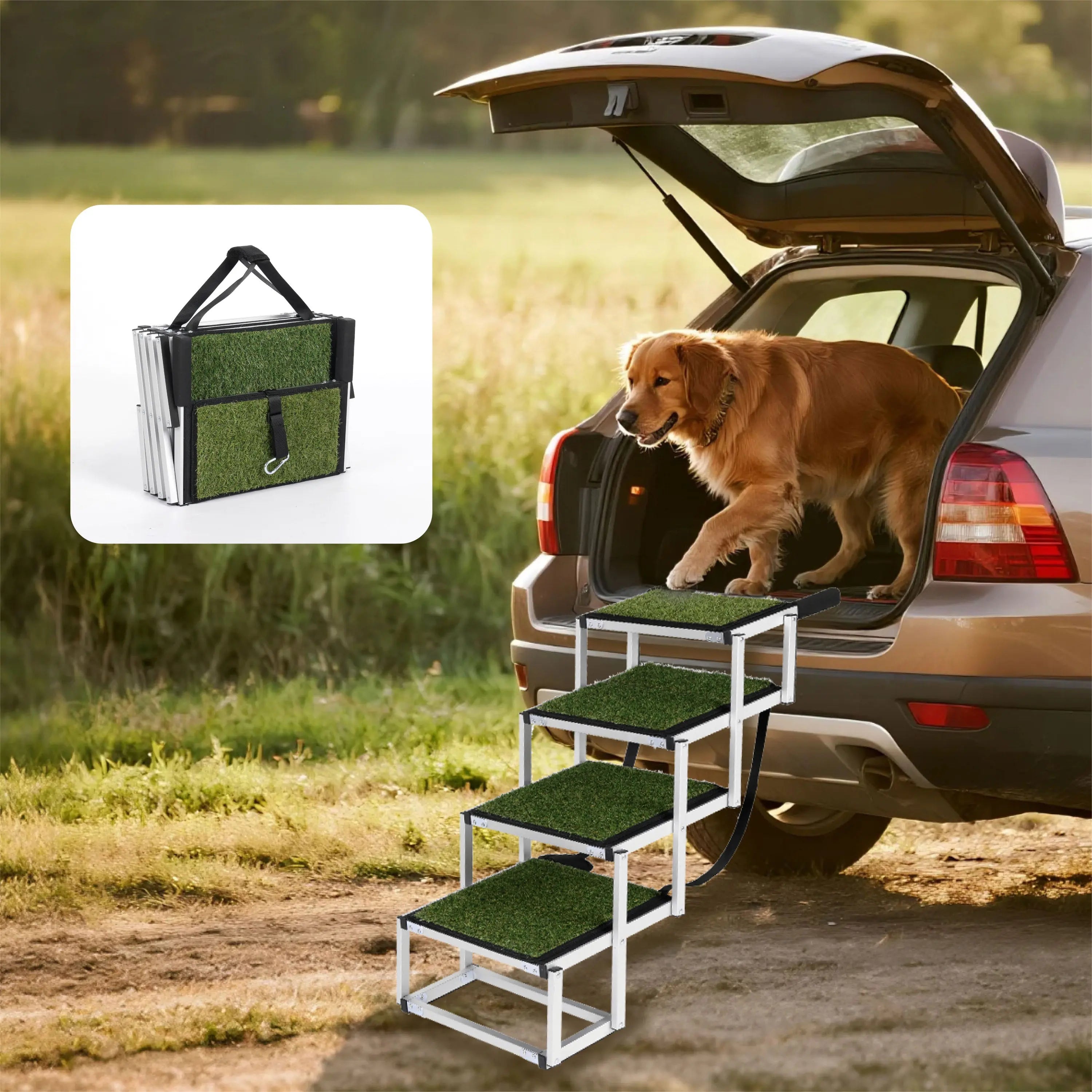 Foldable four-step dog stairs beside an open SUV