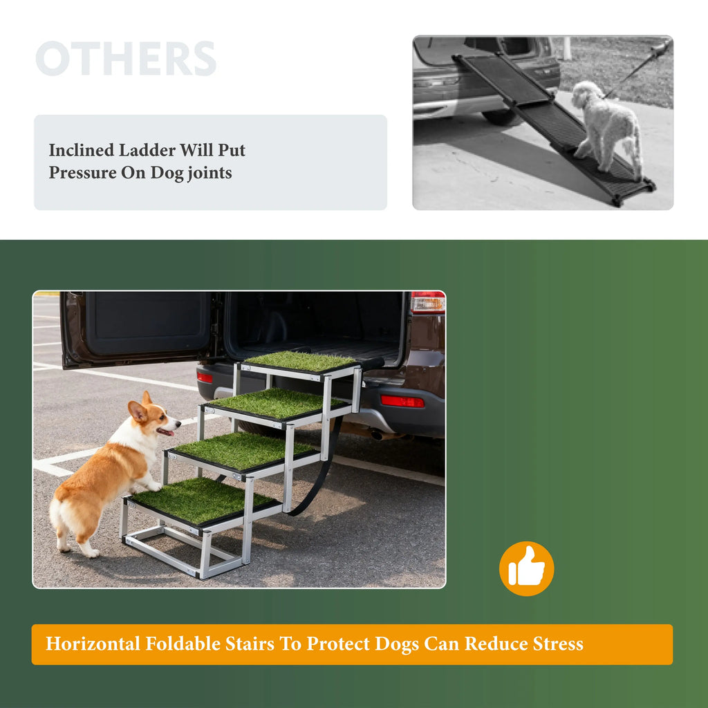 Horizontal foldable dog stairs compared with an inclined ladder