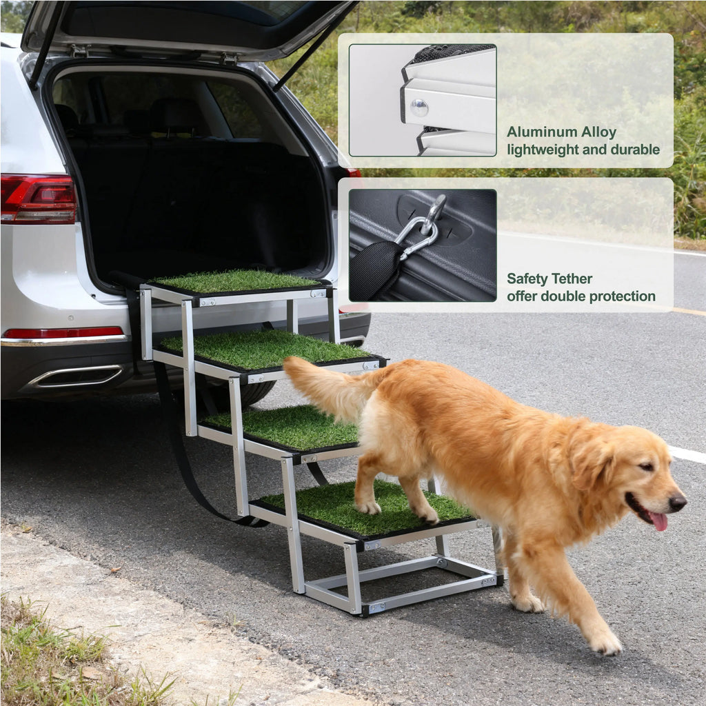 Four-step dog stairs helping a large dog exit an SUV