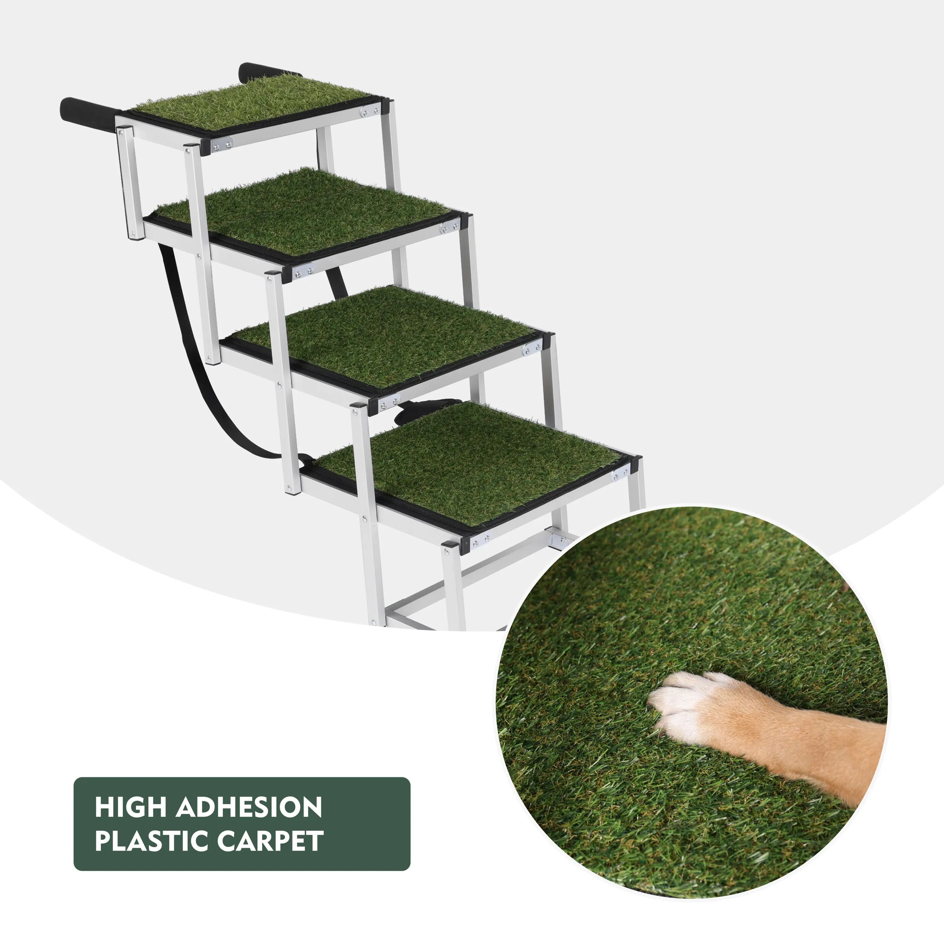 High-traction green carpet surface on dog steps